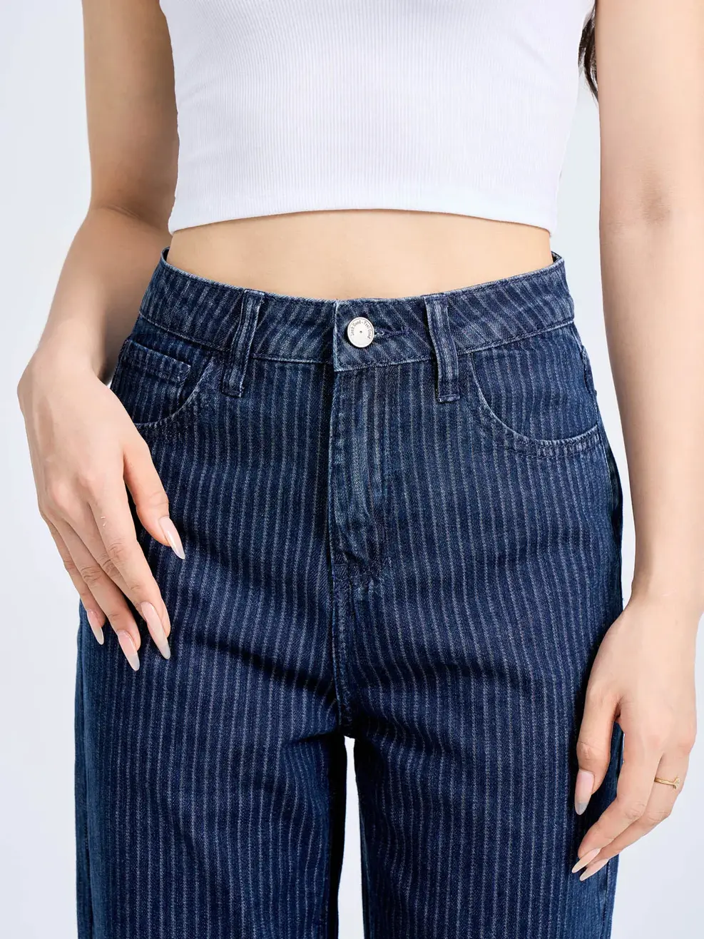 Quần Jeans Nữ Ống Suông Kẻ Xương Cá - Xanh đậm - 25