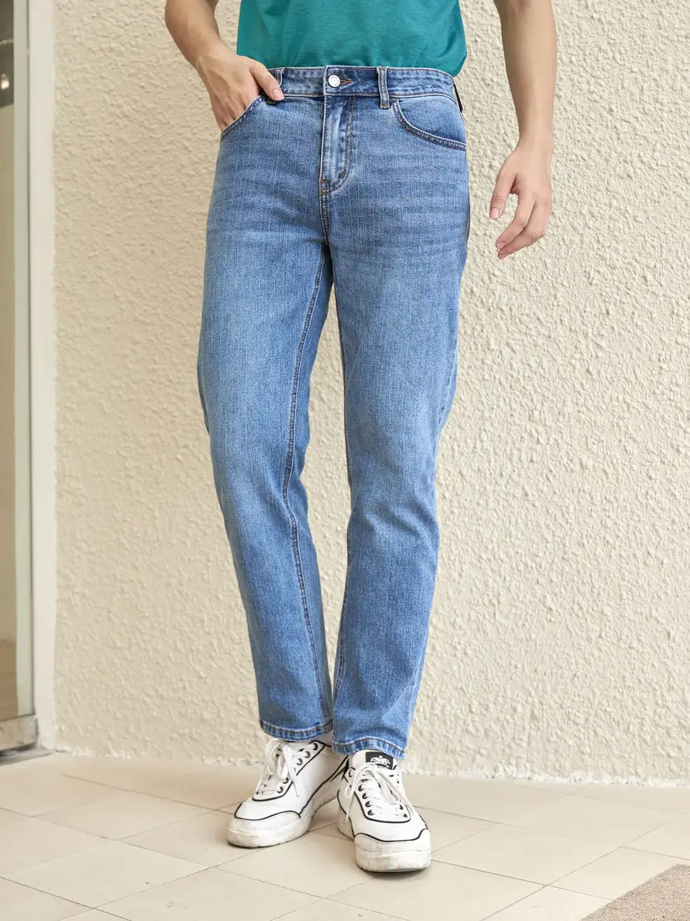 Quần jean nam Regular cotton giặt mài - Xanh nhạt - 34