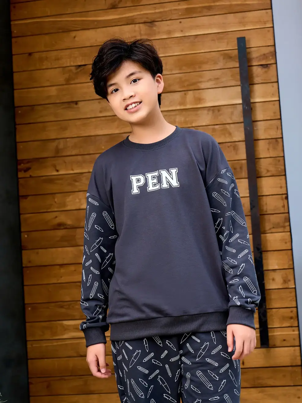 Bộ đồ kid lớn in Pen - Ghi - 14