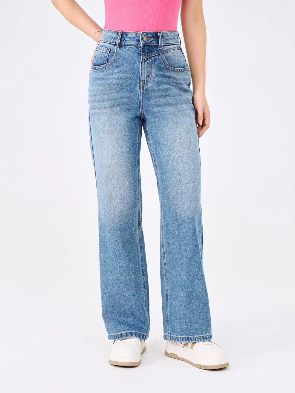 Quần Jeans Nữ Ống Suông Cạp Cao Túi Can Chéo  - Xanh - 25