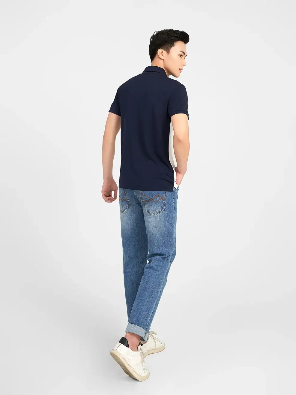 ÁO POLO NAM CAFE BO TRƠN PHỐI MÀU - Trắng phối navy - M