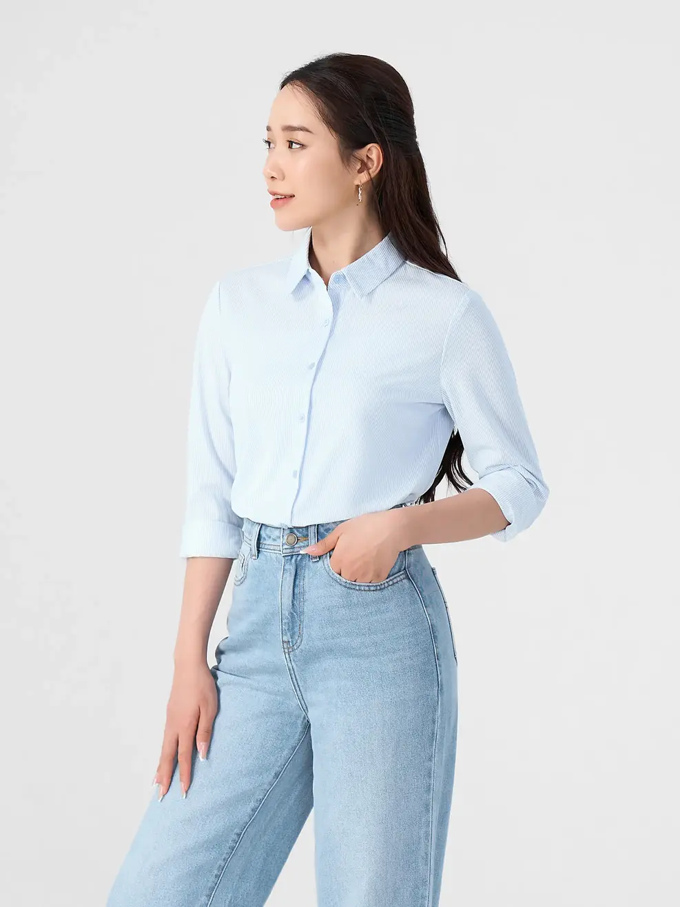 Áo Sơ Mi Tay Dài Nữ Knit Suông Kẻ (smn7176) - Kẻ Xanh Da Trời 191 - S