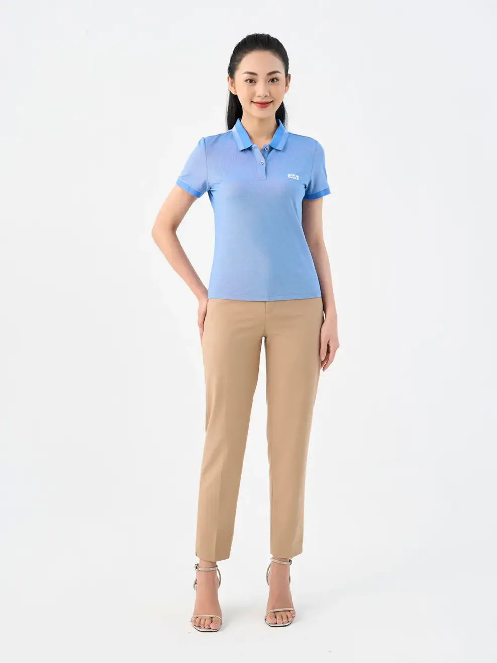 Polo nữ mắt chim phối bo - Xanh dương - S