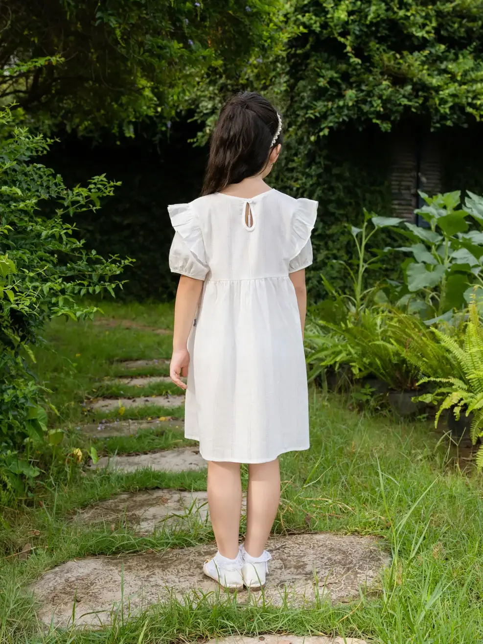 Váy kid nữ đầm trắng tay lỡ bèo vai - Trắng