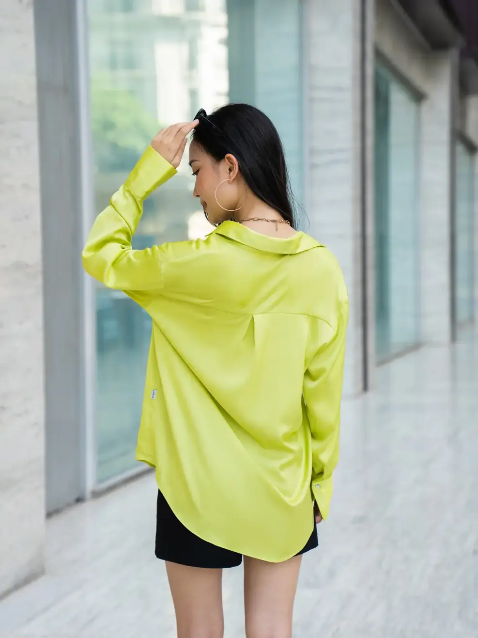Áo sơ mi dài tay nữ lụa satin - Xanh - S