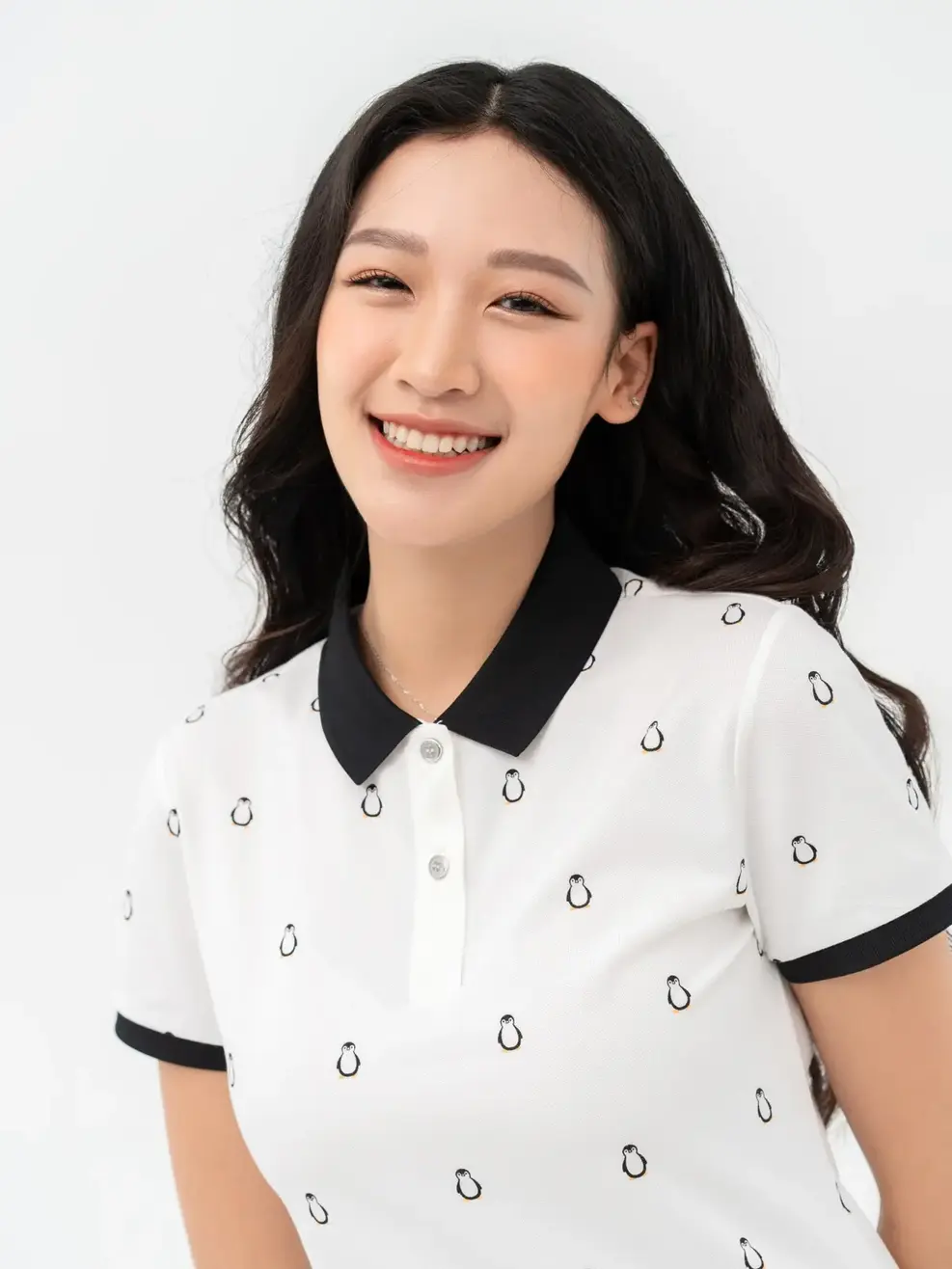 Áo Polo Nữ Mắt Chim In Chim Cánh Cụt - Trắng - S