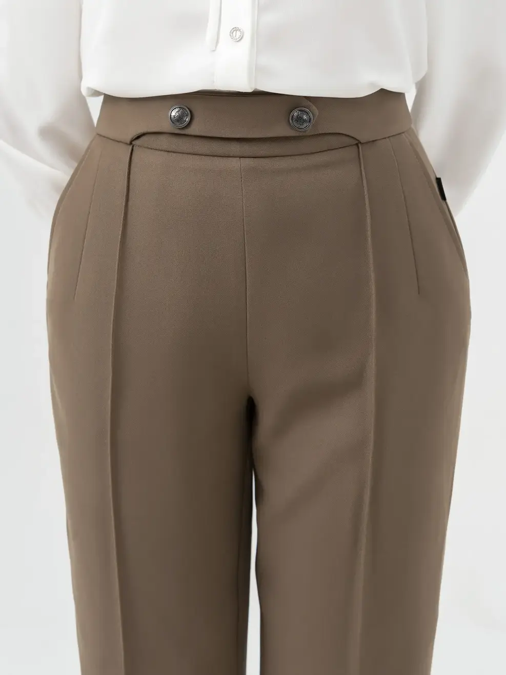 Quần Âu Nữ Dáng Baggy Cúc Trang Trí Mí Gân - Nâu đậm - S