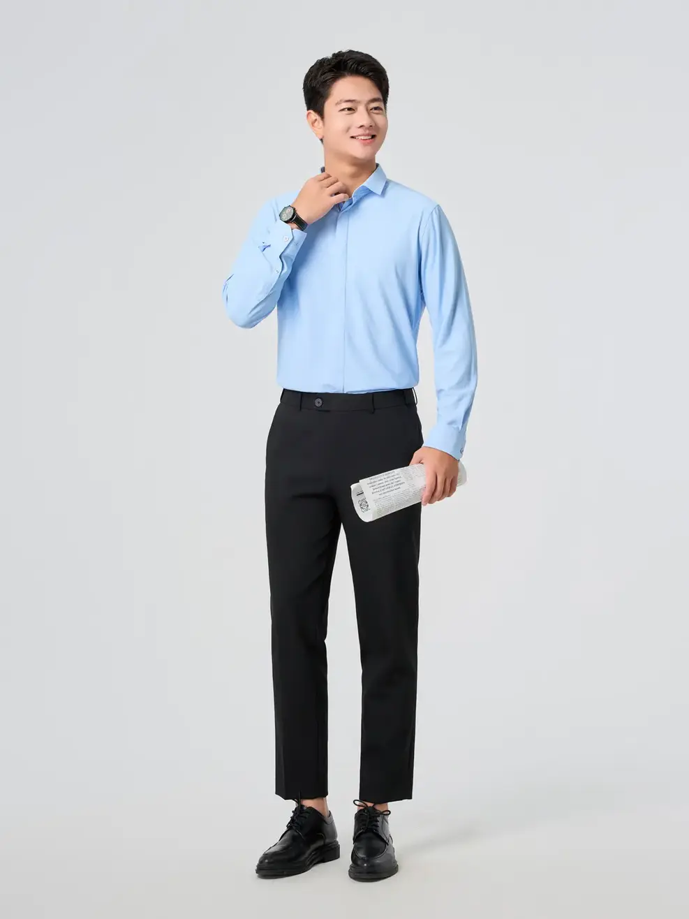 Áo Sơ Mi Nam Business Knit Phối Nép Giấu Cúc - Xanh da trời 117 - S