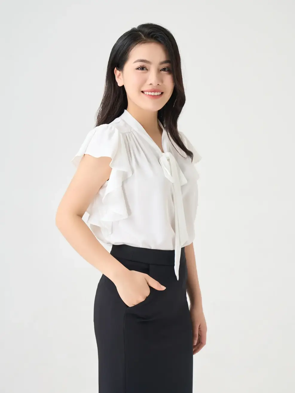 Sơ Mi Cộc Tay Nữ Bèo Tiên Cổ Nơ - Trắng - S