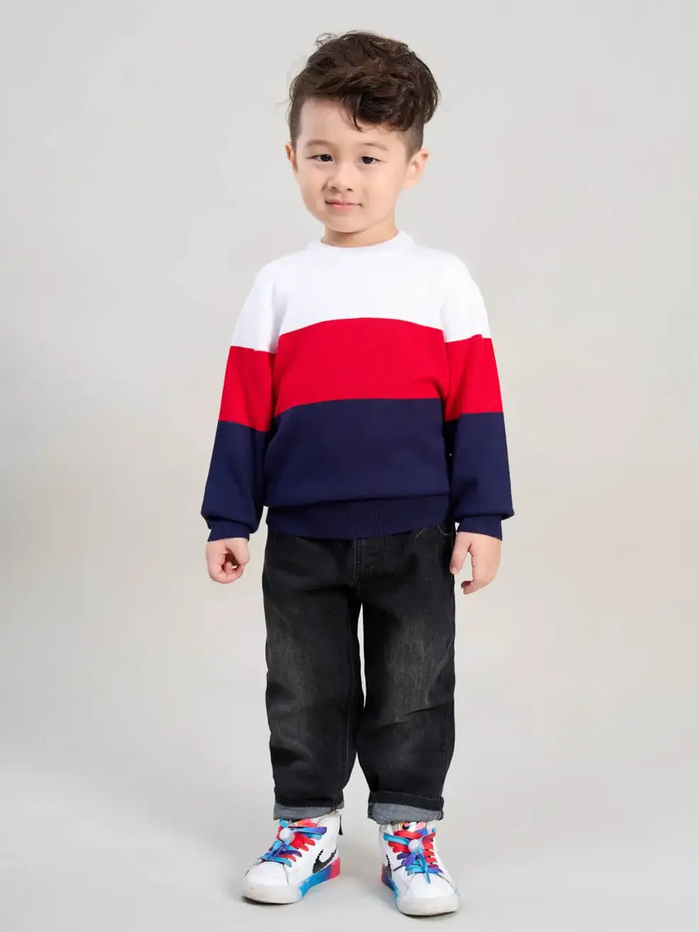 Áo len kid phối ngang - Xanh than phối đỏ - 6