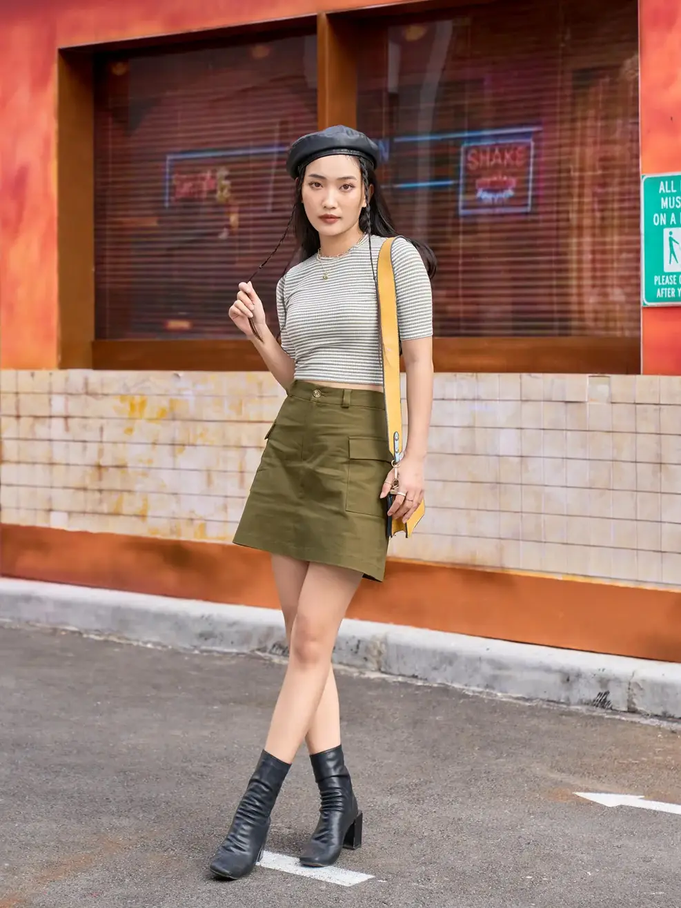 Áo thu đông nữ dáng ôm croptop - Kẻ xanh lục. - S