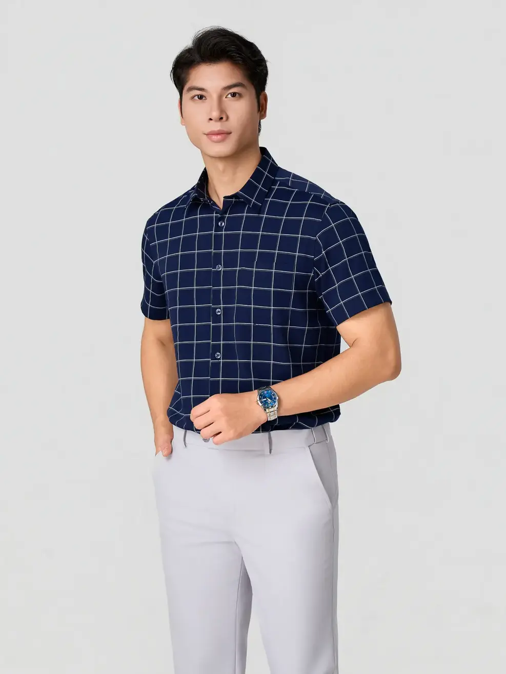 Áo Sơ-mi Ngắn Tay kẻ caro vạt ngang Regular - Kẻ Tím Than 126 - M