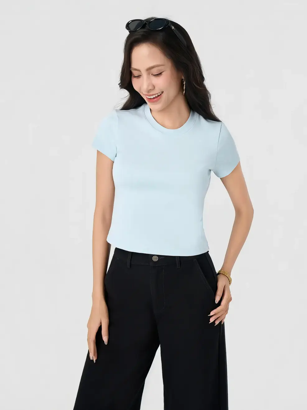 Áo Phông Nữ Slimfit Thun Rib Coton Mềm - Xanh Blue 131 - S