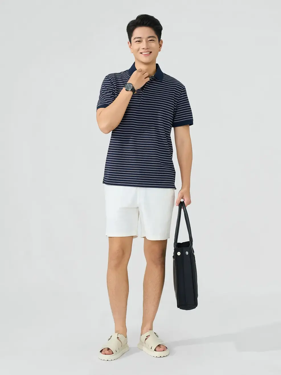 Áo Polo Nam Regular Họa Tiết Kẻ Ngang - Kẻ Tím Than 130 - M