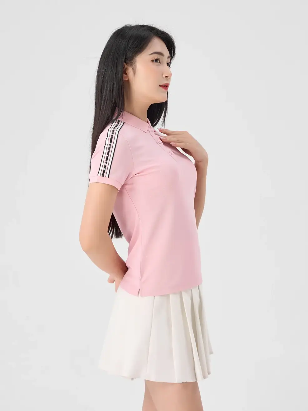 Polo Nữ Cafe Dệt Tổ Ong Phối Dây Dệt - Hồng - S