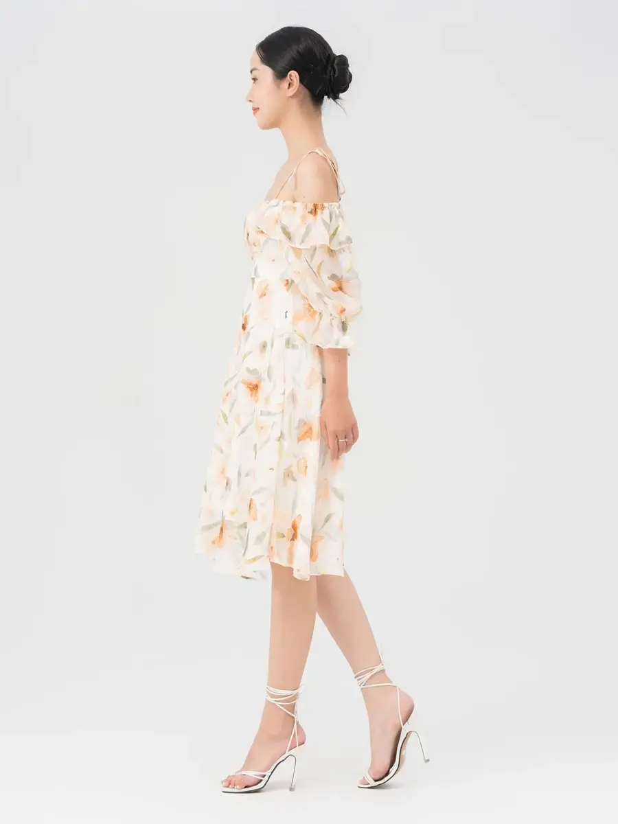 Váy Nữ Hoa Xoè Trễ Vai - Cam - S