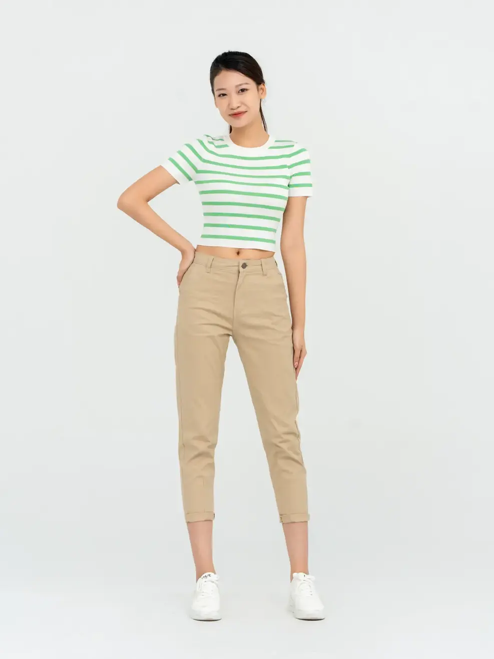 Áo Len Nữ Ngắn Tay Dệt Kẻ - Trắng kẻ xanh - S