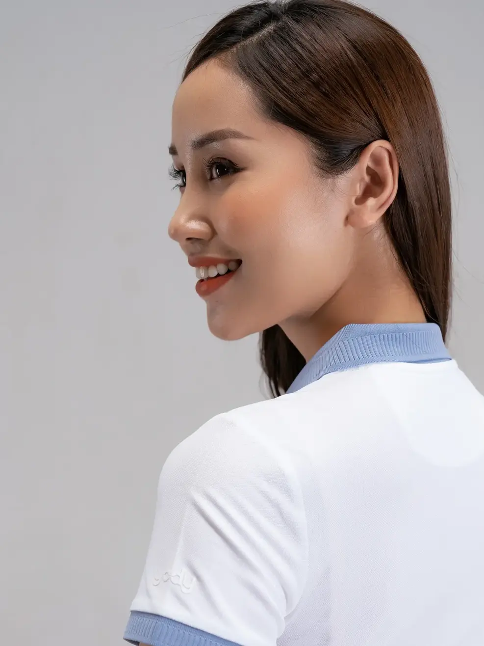 Polo nữ coolmax phối bo - Trắng xanh lơ - L