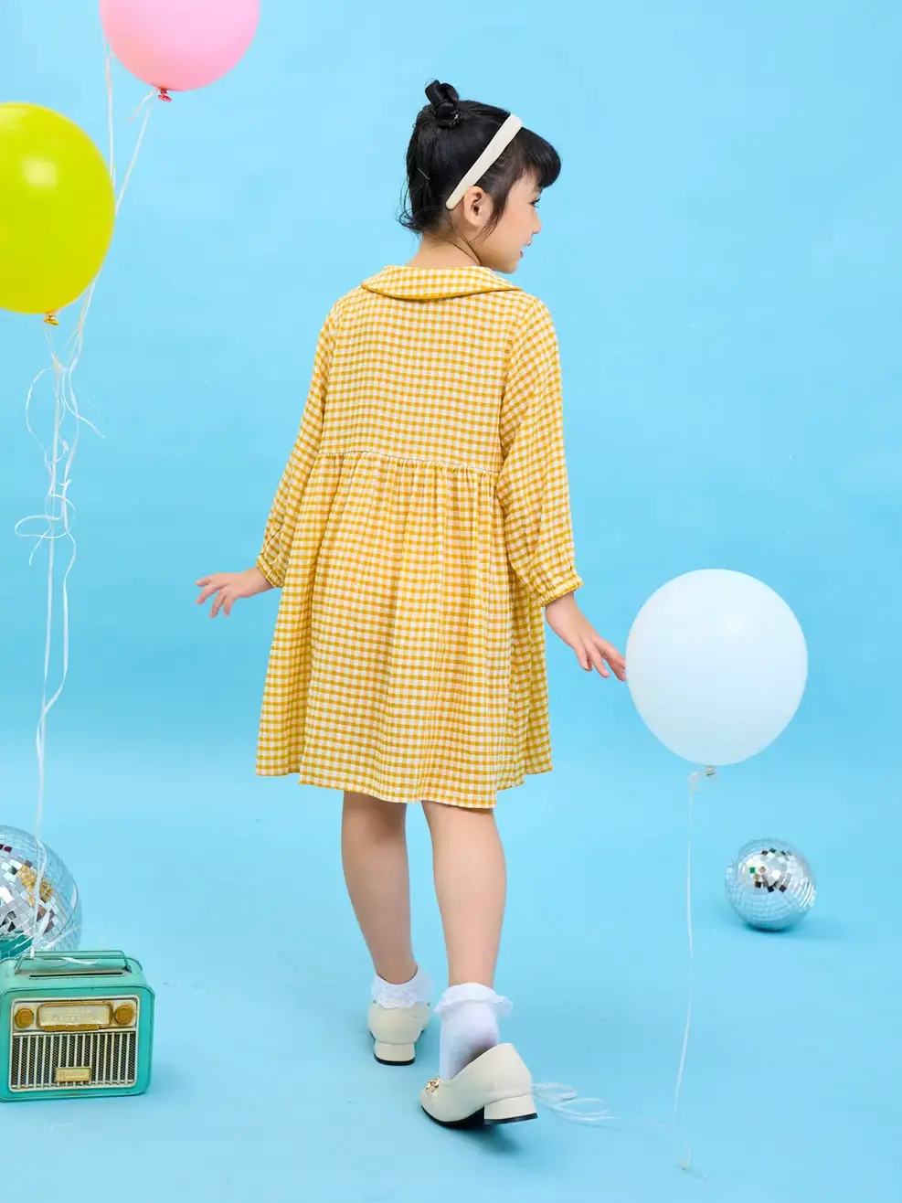 Đầm kid xòe cổ sen - Kẻ vàng - 2