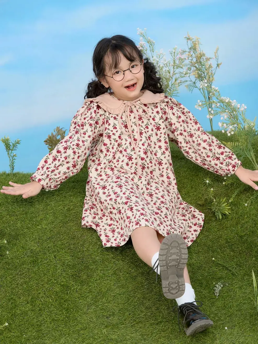 Váy trẻ em dáng xuông cổ rời - Hoa đỏ - 2