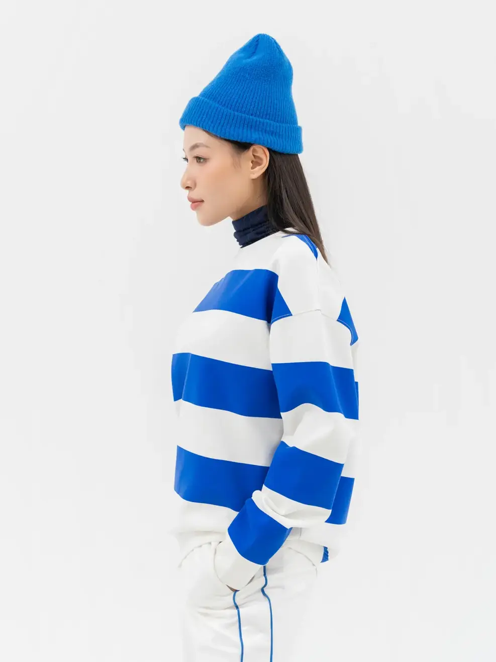 Áo Thu Đông Nữ Phối Kẻ  - Kẻ xanh đậm - S