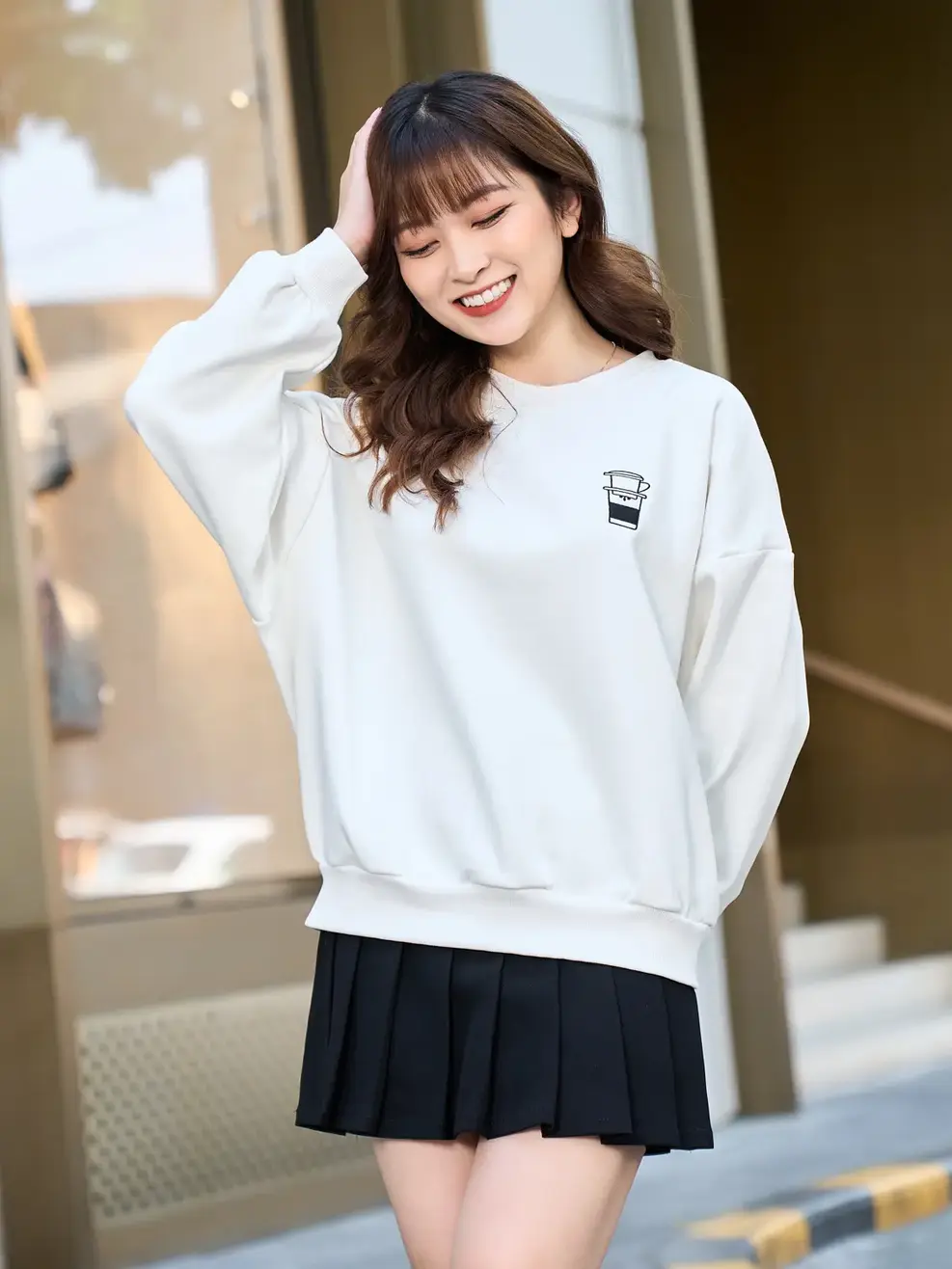 Áo nỉ nữ gia đình thêu COFFEE - Trắng - S