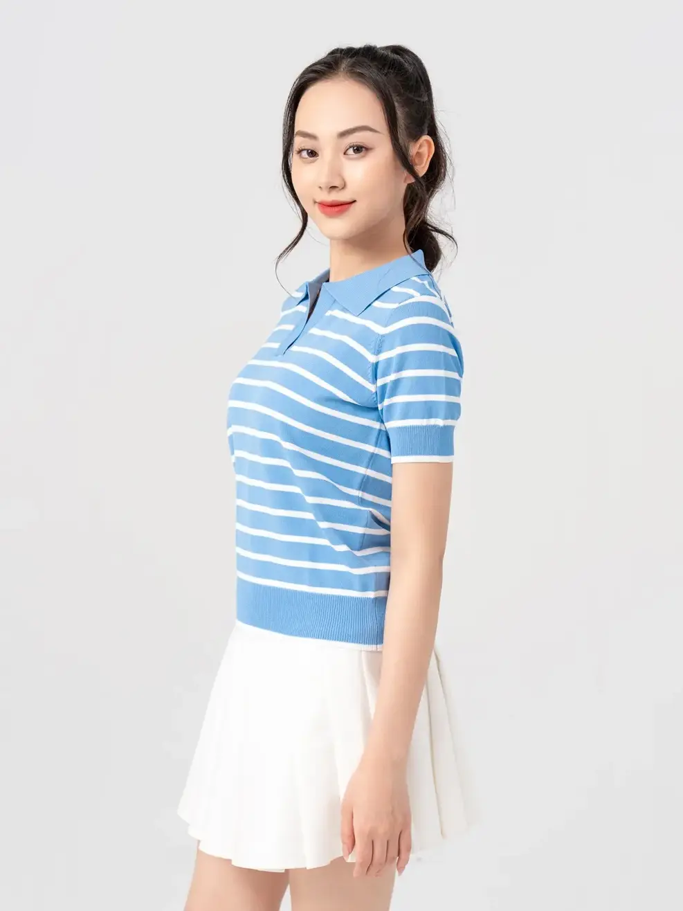 Áo len nữ kẻ cổ polo - Xanh trắng - S