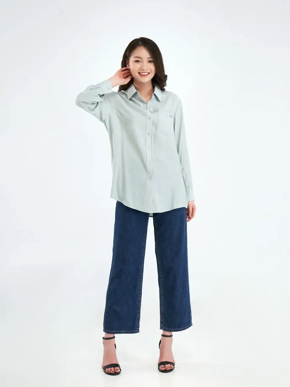 Sơ mi dáng rộng - Xanh - S