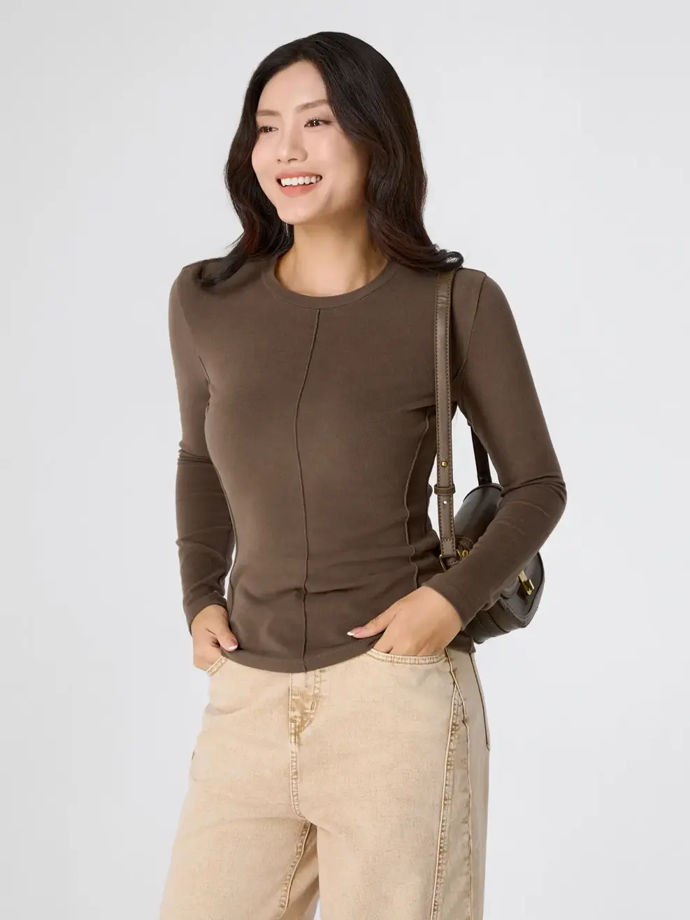 Áo Phông Dài Tay Dáng Ôm Cổ Tròn - Nâu 123 - S