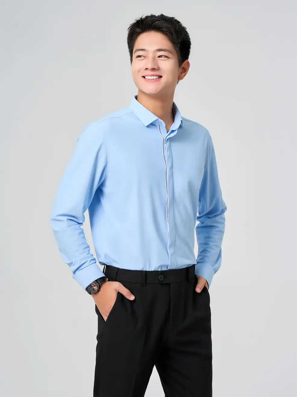 Áo Sơ Mi Nam Business Knit Phối Nép Giấu Cúc - Xanh da trời 117 - S