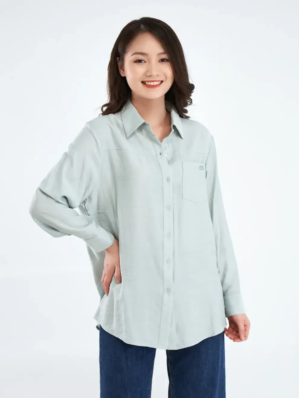 Sơ mi dáng rộng - Xanh - S