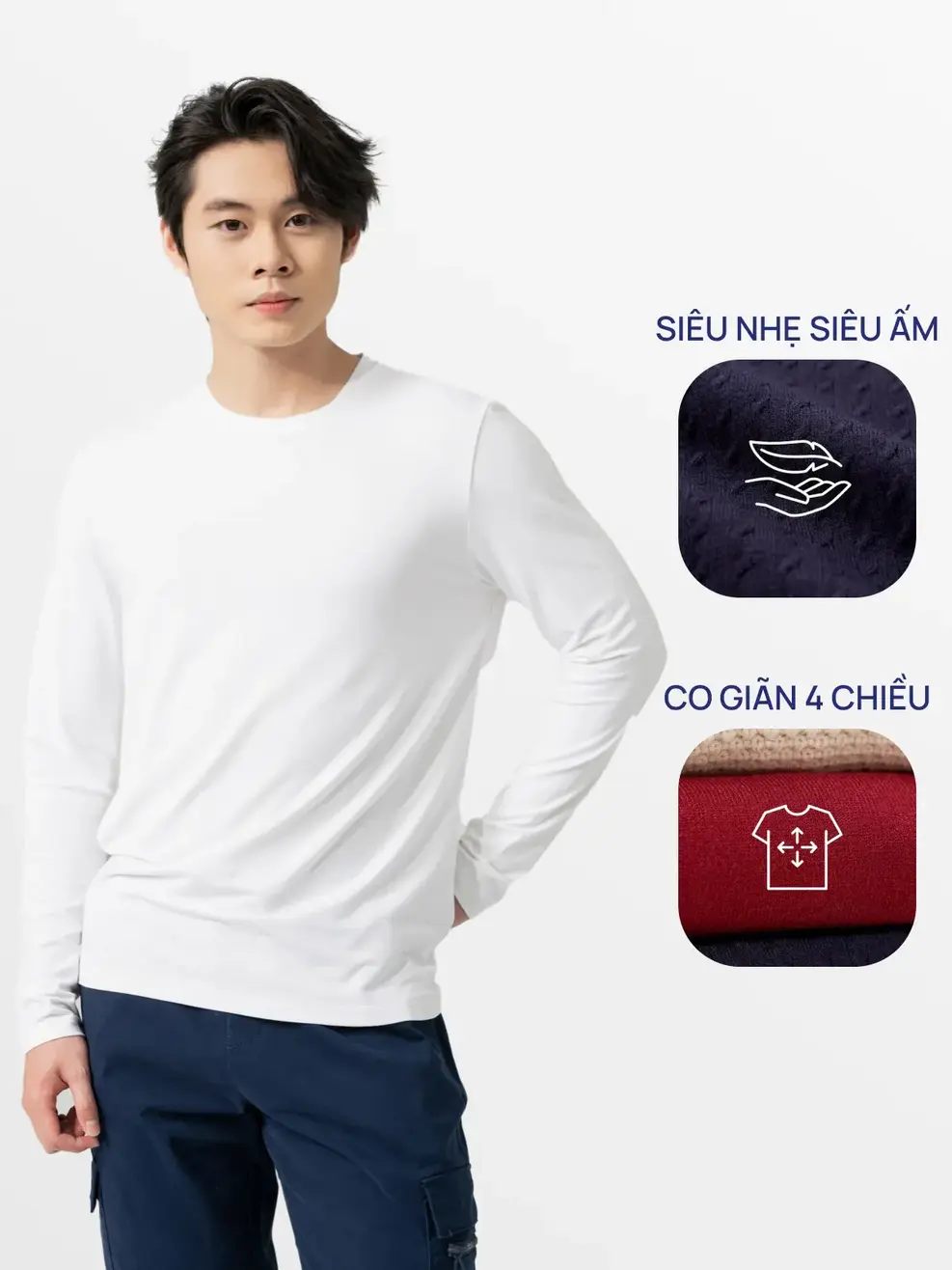 Áo CozyFit nam giữ nhiệt cổ tròn-Trắng 001 - 3XL