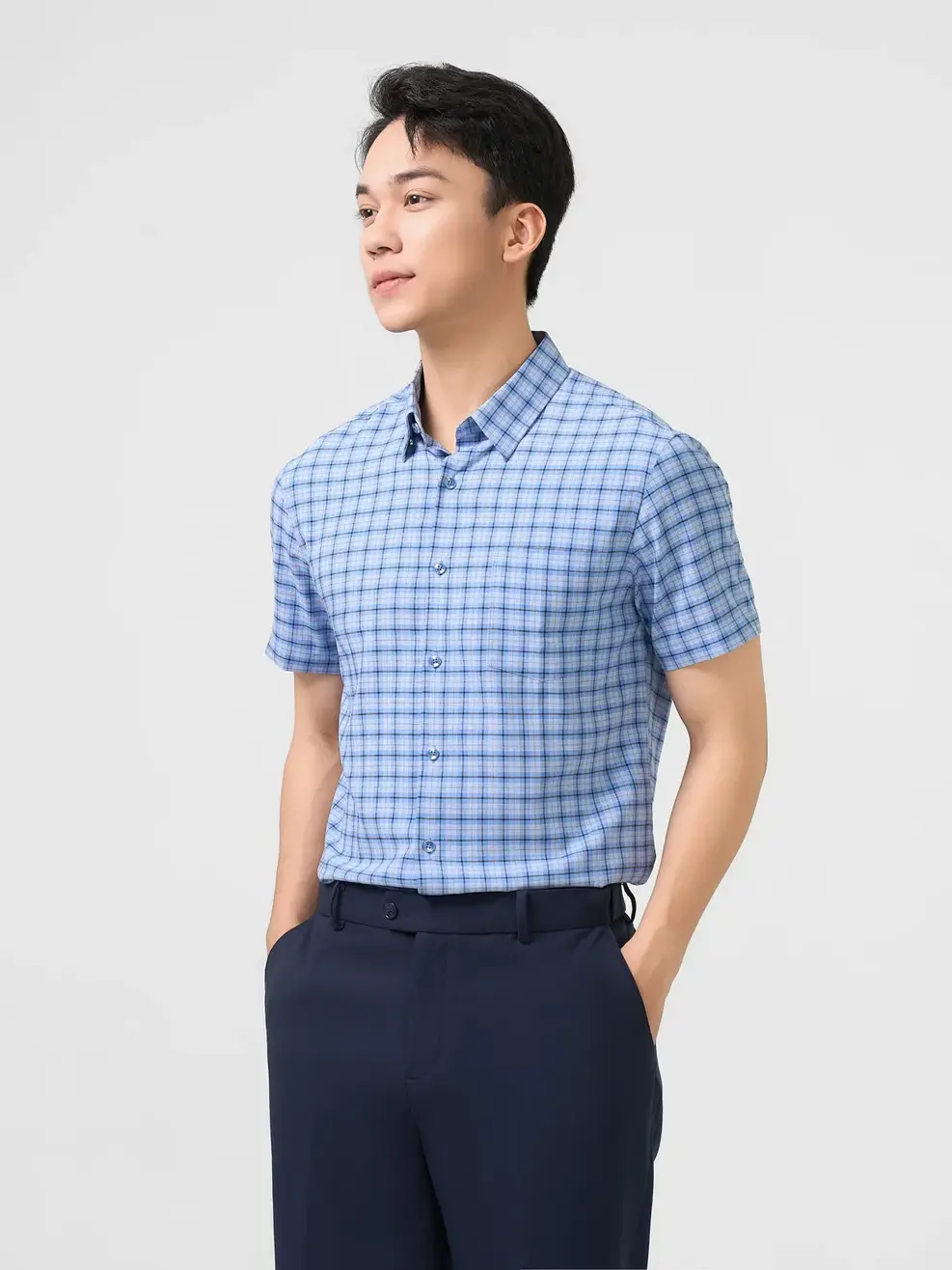 Sơ Mi Cộc Tay Nam Nano Kẻ Caro Túi Ngực - Xanh - M