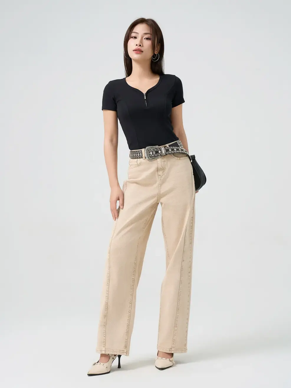 Quần Jeans Nữ Ống Rộng Cạp Cao Can Phối - Be - 25