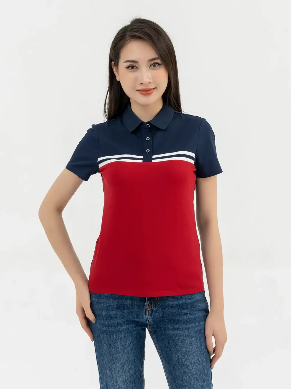 Áo Polo Nữ Mắt Chim Phối Màu In Kẻ - Đỏ - S