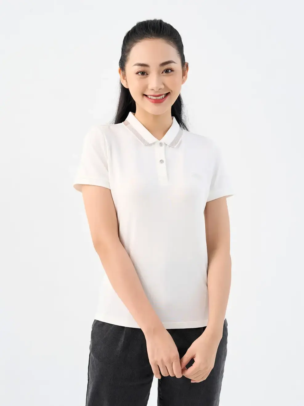 Áo Polo Nữ Mắt Chim Phối Bo-APN3340 - Trắng 001 - S