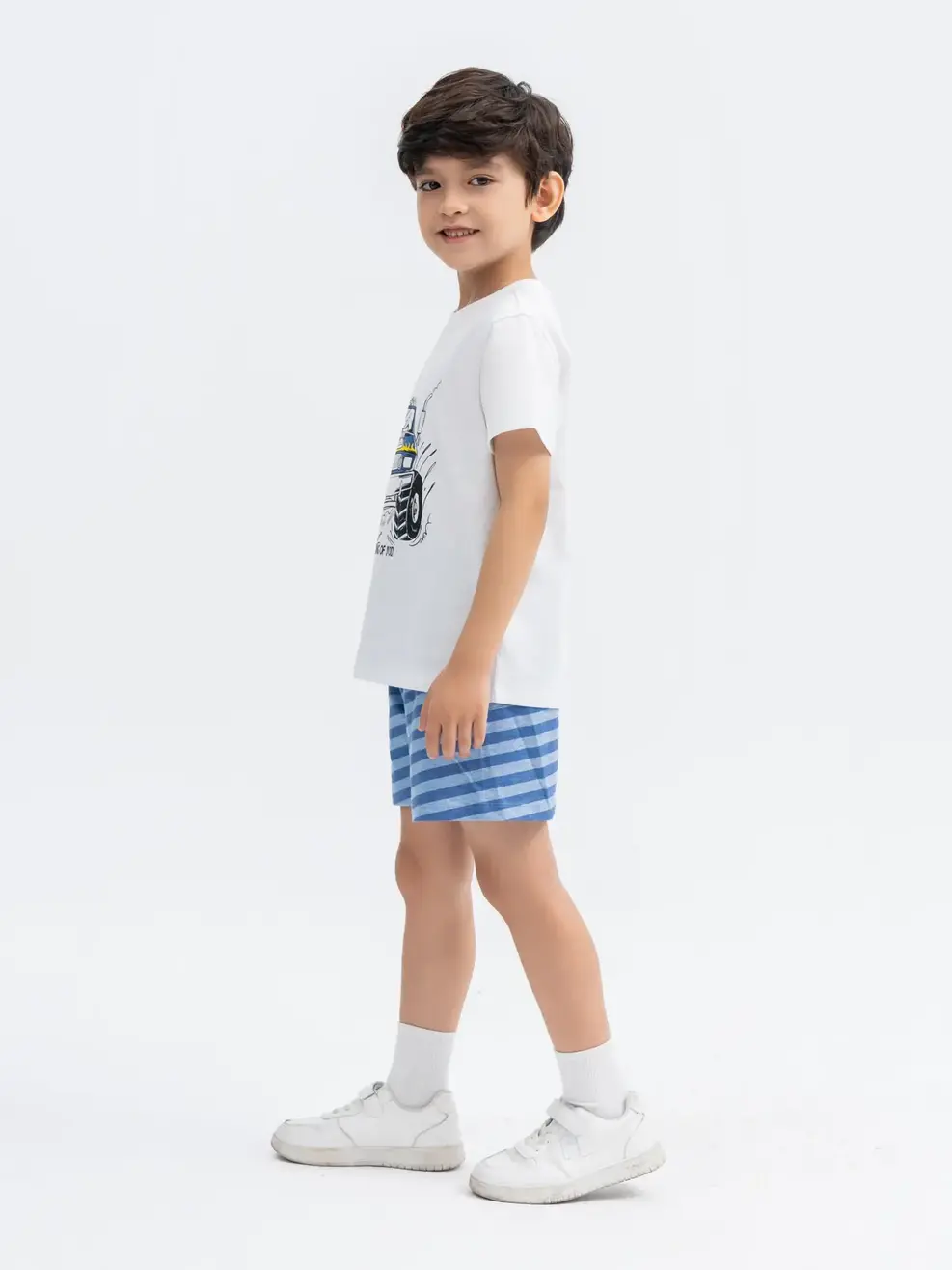 Đồ Bộ Kid Phối Kẻ In Xe - Trắng Xanh Dương - 2