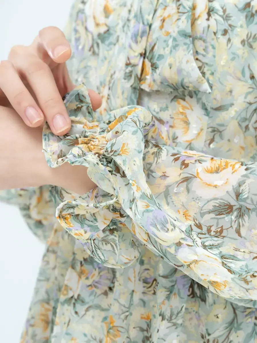 Đầm hoa nhí cổ buộc nơ - Xanh - S
