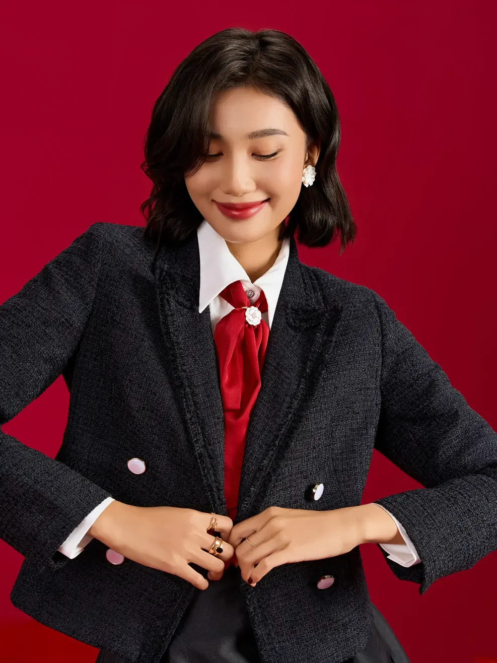 Áo Khoác Nữ Dạ Tweed Cổ Vest  - Đen - S