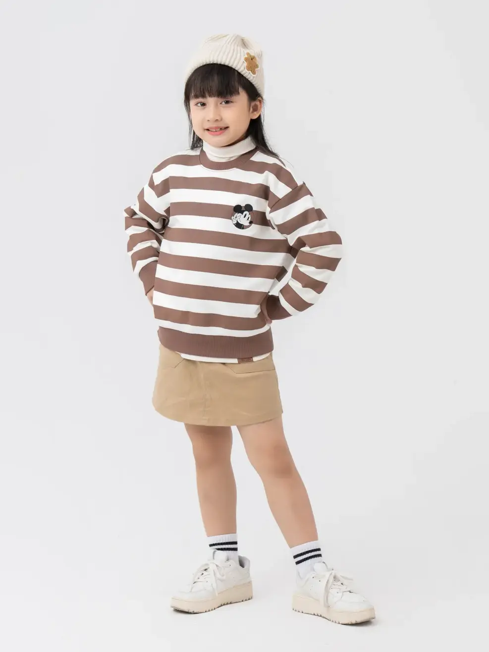Áo Dài Tay Kid Mickey Phối Kẻ - Trắng phối nâu - 2