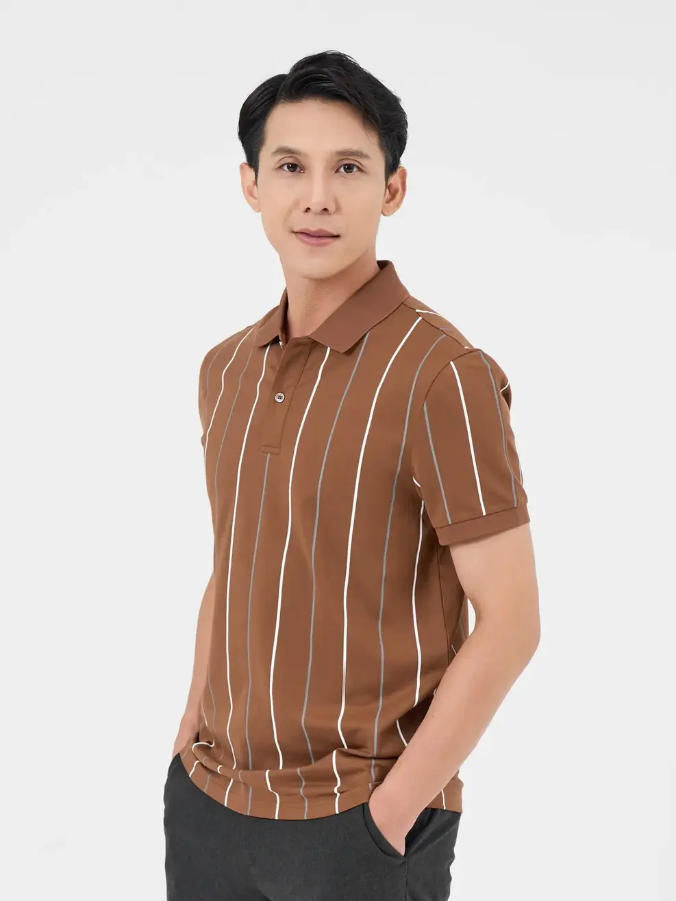 Áo Polo Nam Mắt Chim In Tràn Kẻ Hai Màu - Nâu - M