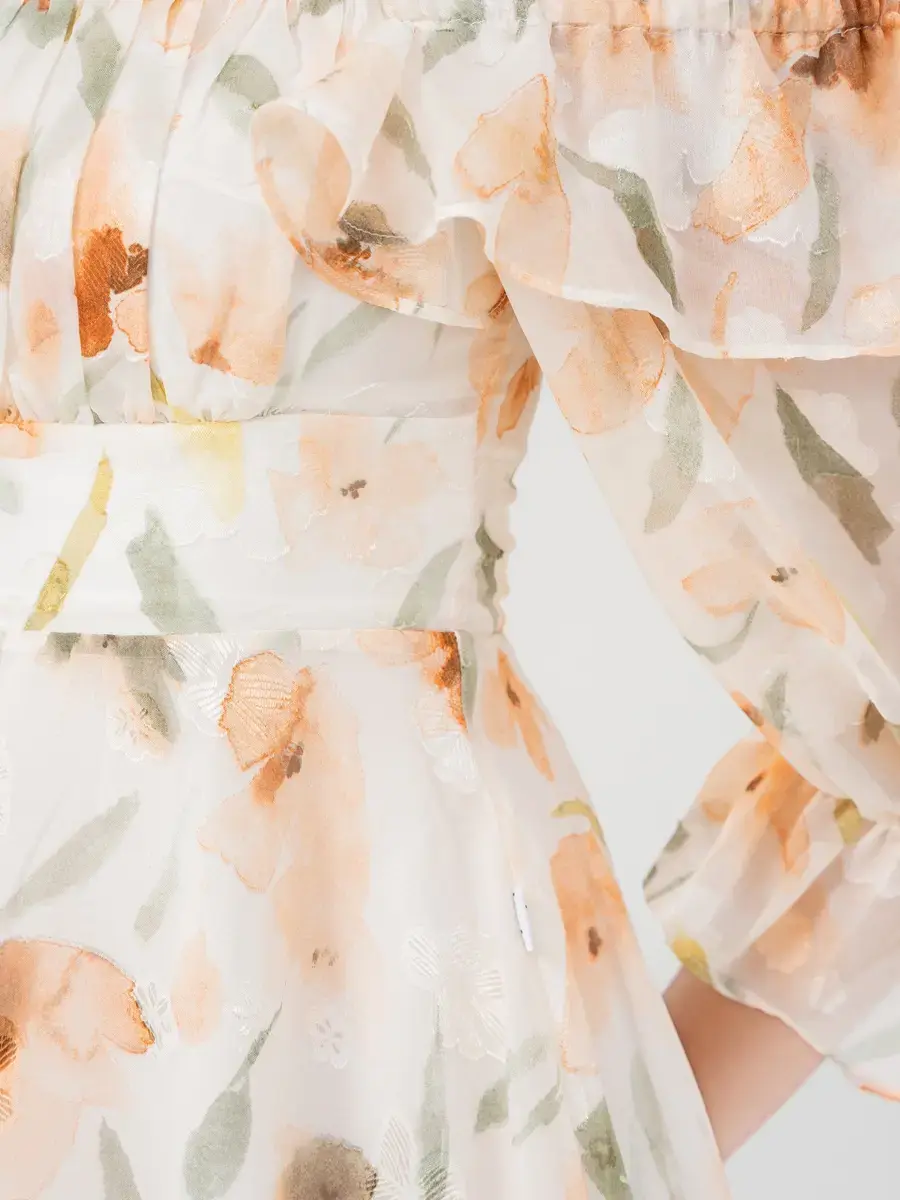 Váy Nữ Hoa Xoè Trễ Vai - Cam - S