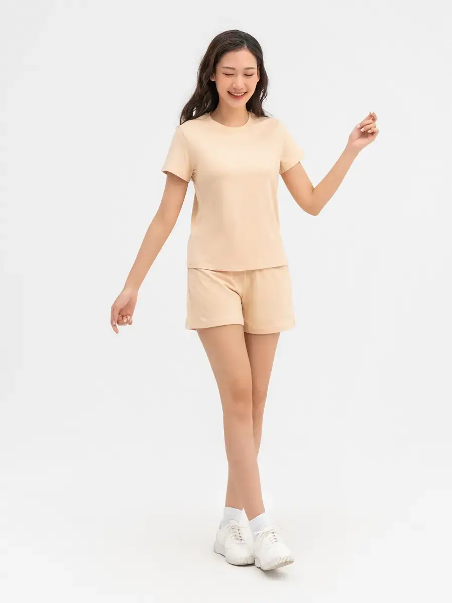 Đồ Bộ Nữ Quần Sooc Thêu Logo Cotton Usa - Be - S