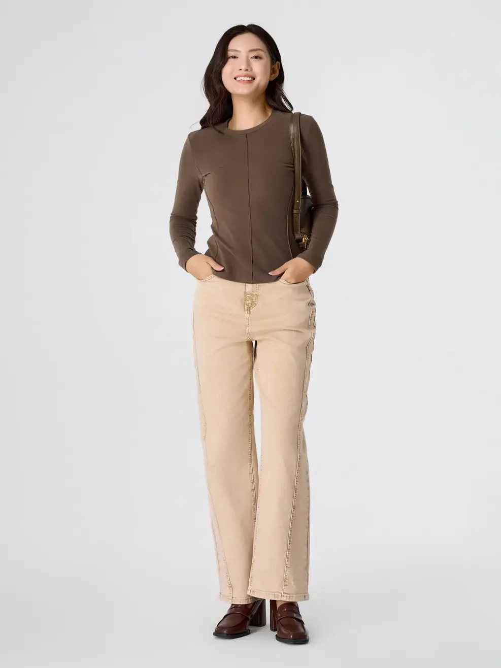 Áo Phông Dài Tay Dáng Ôm Cổ Tròn - Nâu 123 - S