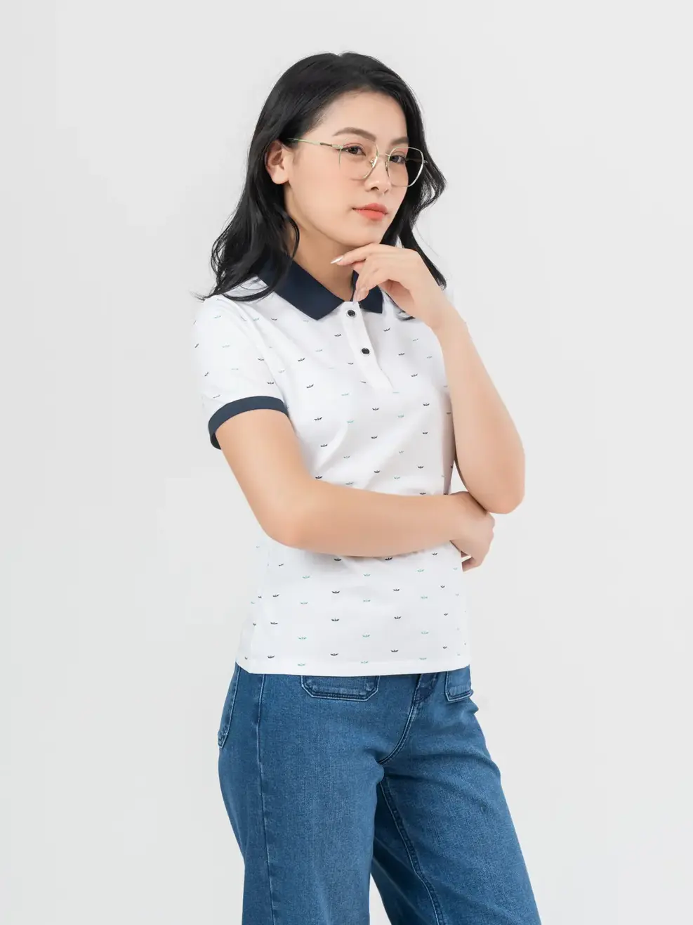 Áo Polo Nữ Mắt Chim In Thuyền Phối Màu - Trắng - S