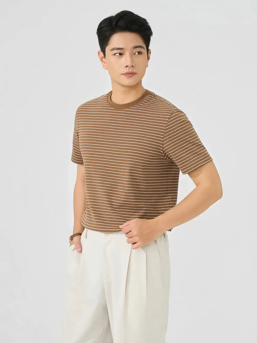 Áo Phông Nam Regular Họa Tiết Kẻ - Kẻ Nâu 128 - M