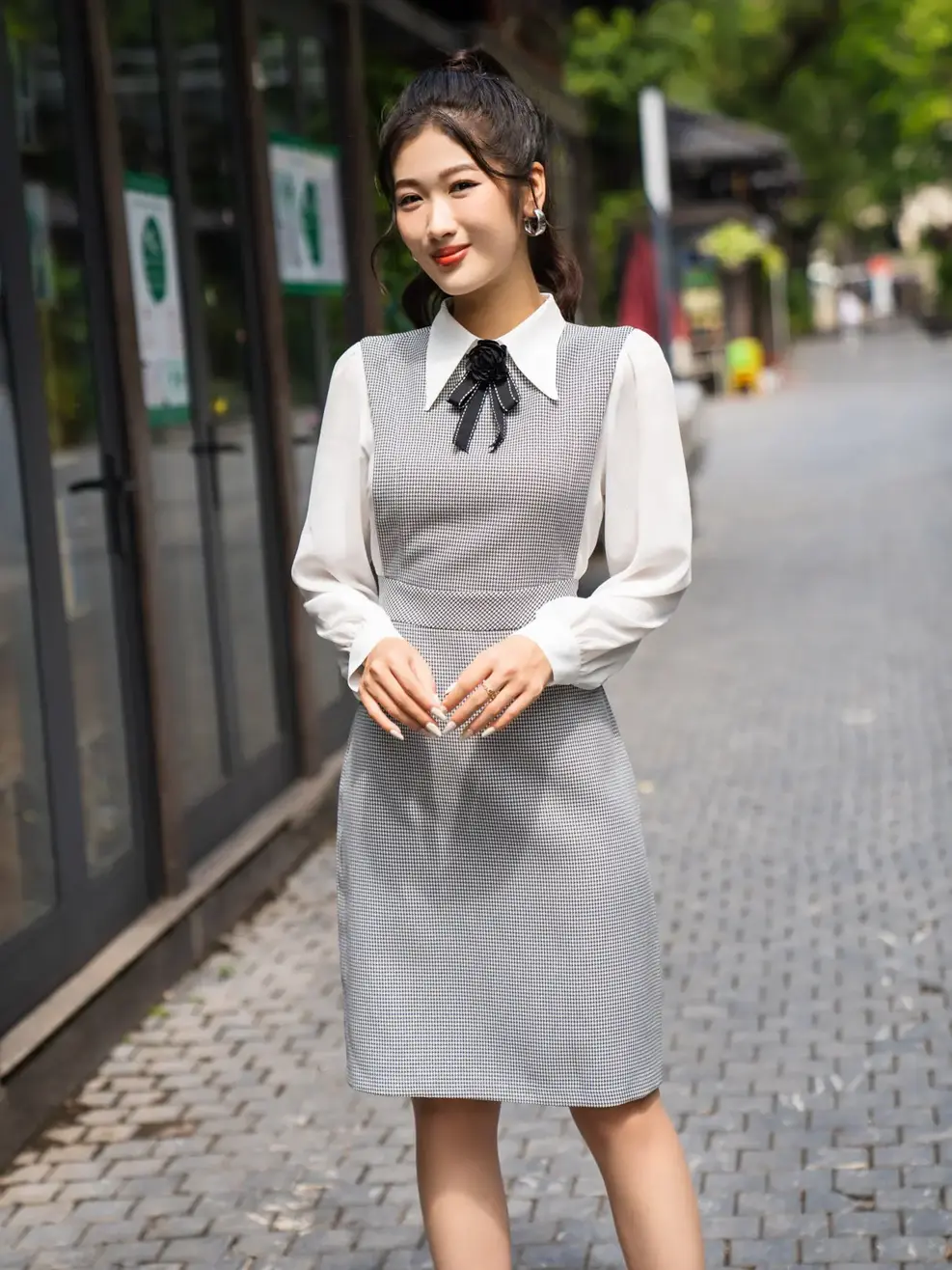 Đầm Đông Nữ Kẻ Tay Phối - Kẻ đen trắng - S