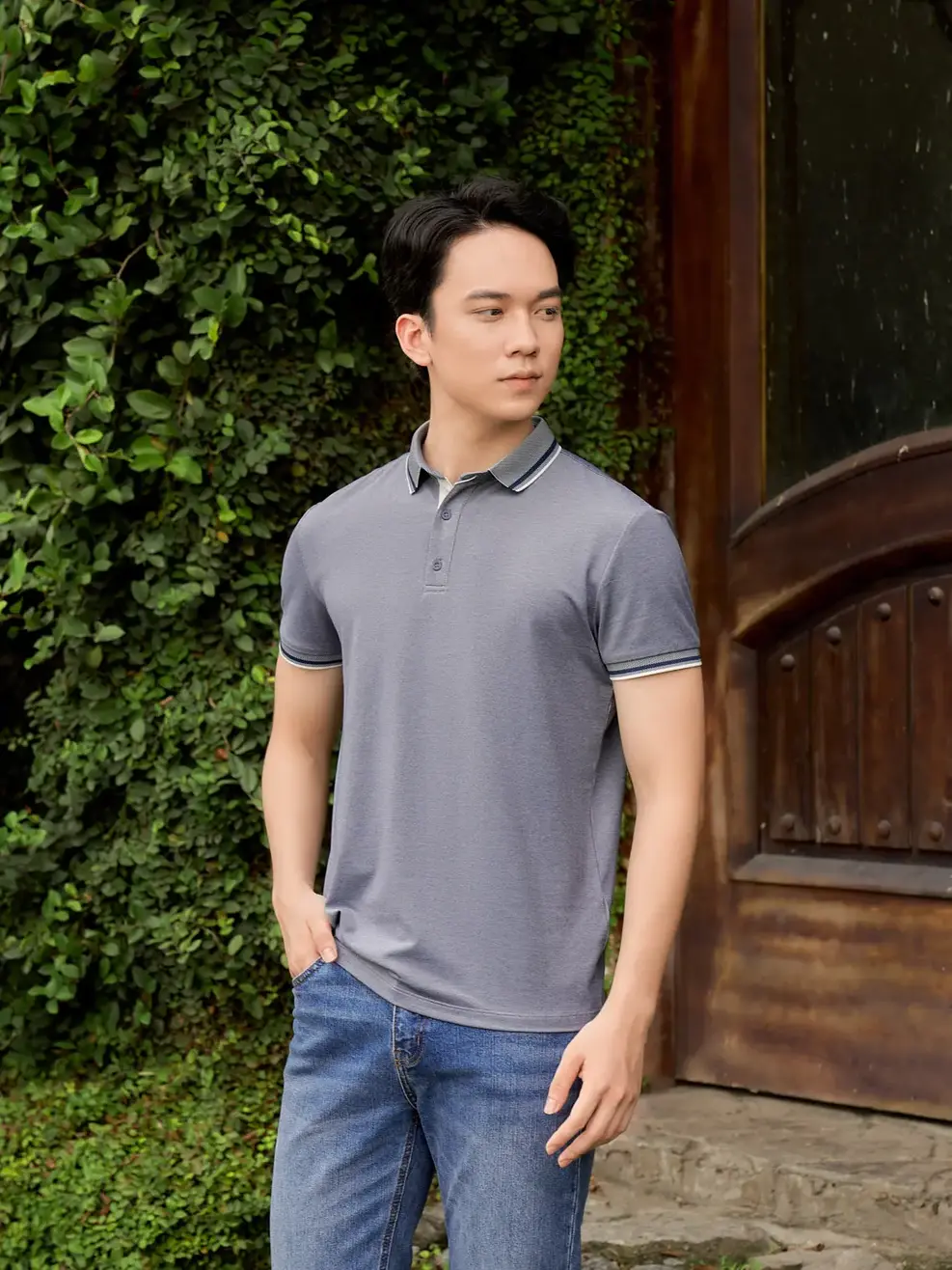 Áo polo nam mắt chim Melange phối nẹp - Navy - L