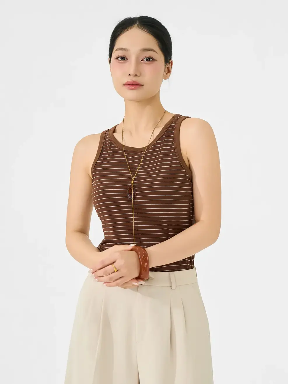 Áo Ba Lỗ Nữ Đệm Ngực Liền - Kẻ Nâu 128 - S