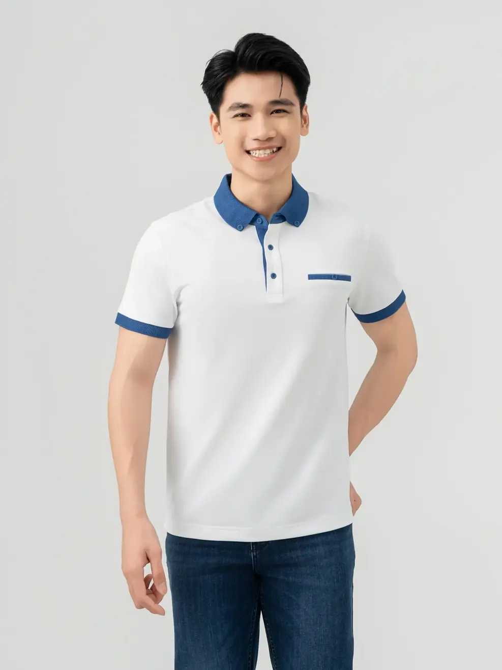 Áo Polo Nam Cafe Cơi Túi Ngực Phối Cúc - Trắng - L